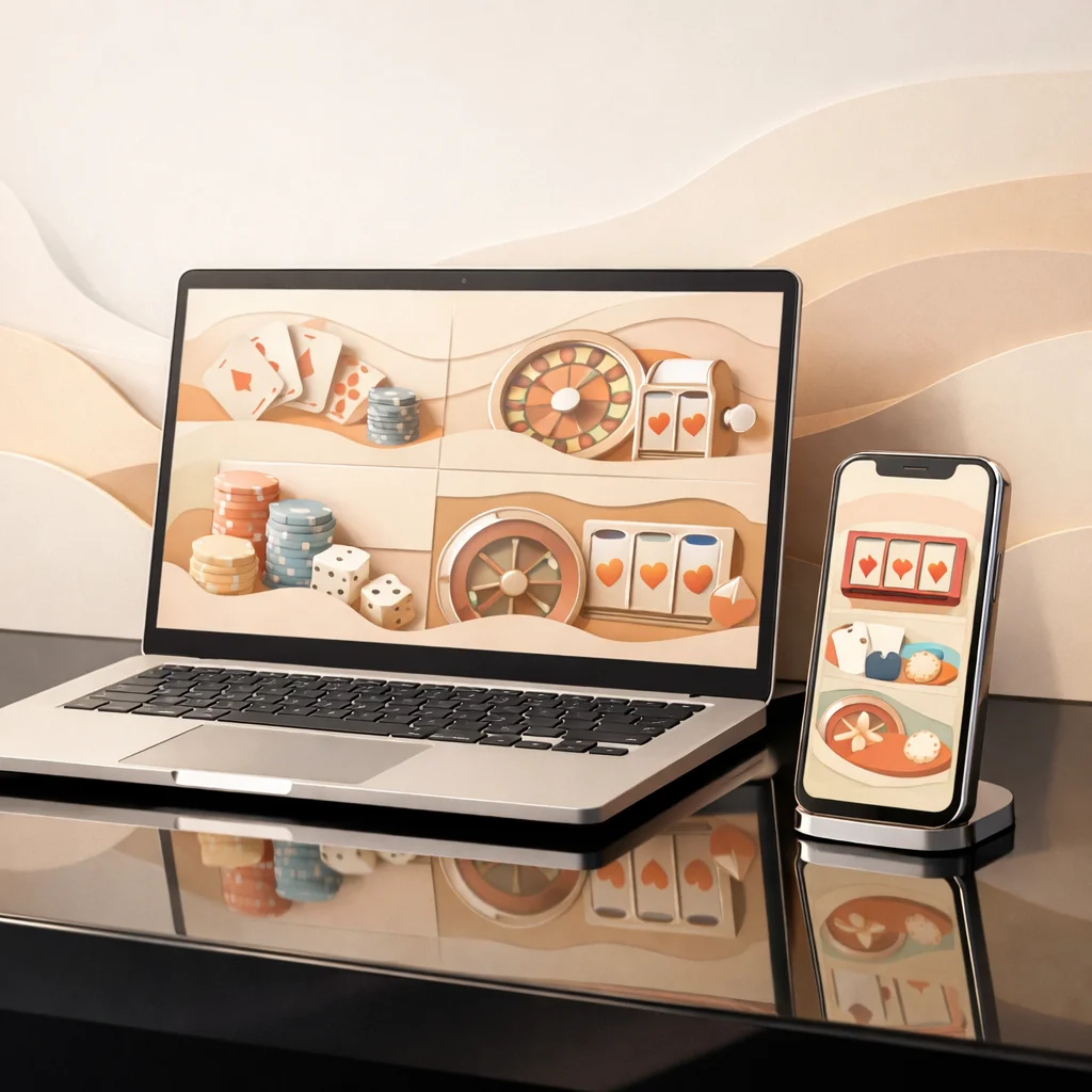 Laptop, tablet en telefoon met live casino op papieren achtergrond